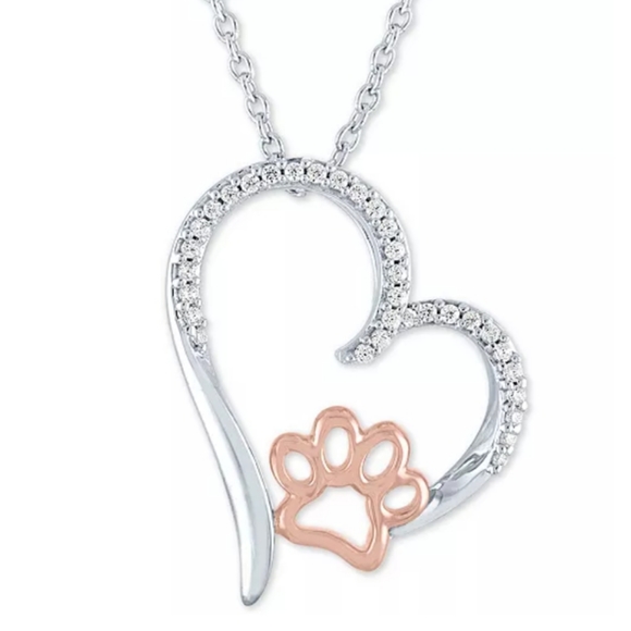 Sterling Silver Necklace Diamond Encrusted Heart & 14k Rose Gold Paw Pendant NWT - Picture 16 of 16